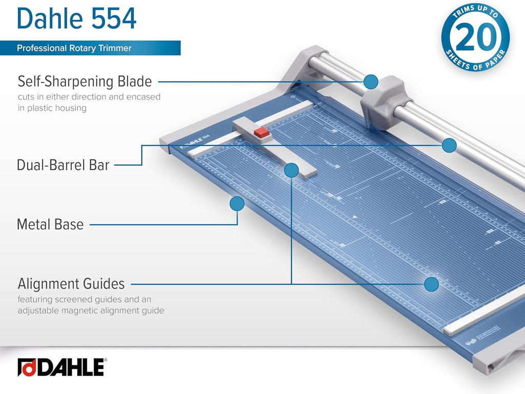 Dahle 554 Professional Rotary Trimmer, 28" Cut Length, 20 Sheet Capacity, Self-Sharpening, Dual Guide Bar, Automatic Clamp, German Engineered Paper Cutter
