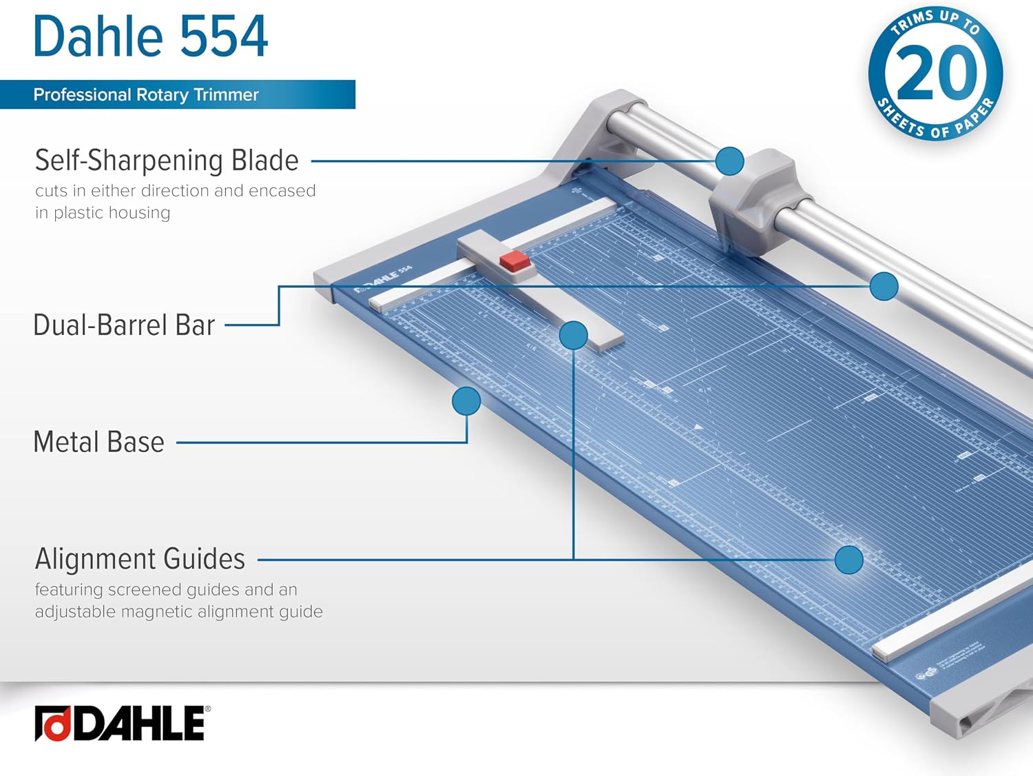Dahle 554 Professional Rotary Trimmer, 28" Cut Length, 20 Sheet Capacity, Self-Sharpening, Dual Guide Bar, Automatic Clamp, German Engineered Paper Cutter