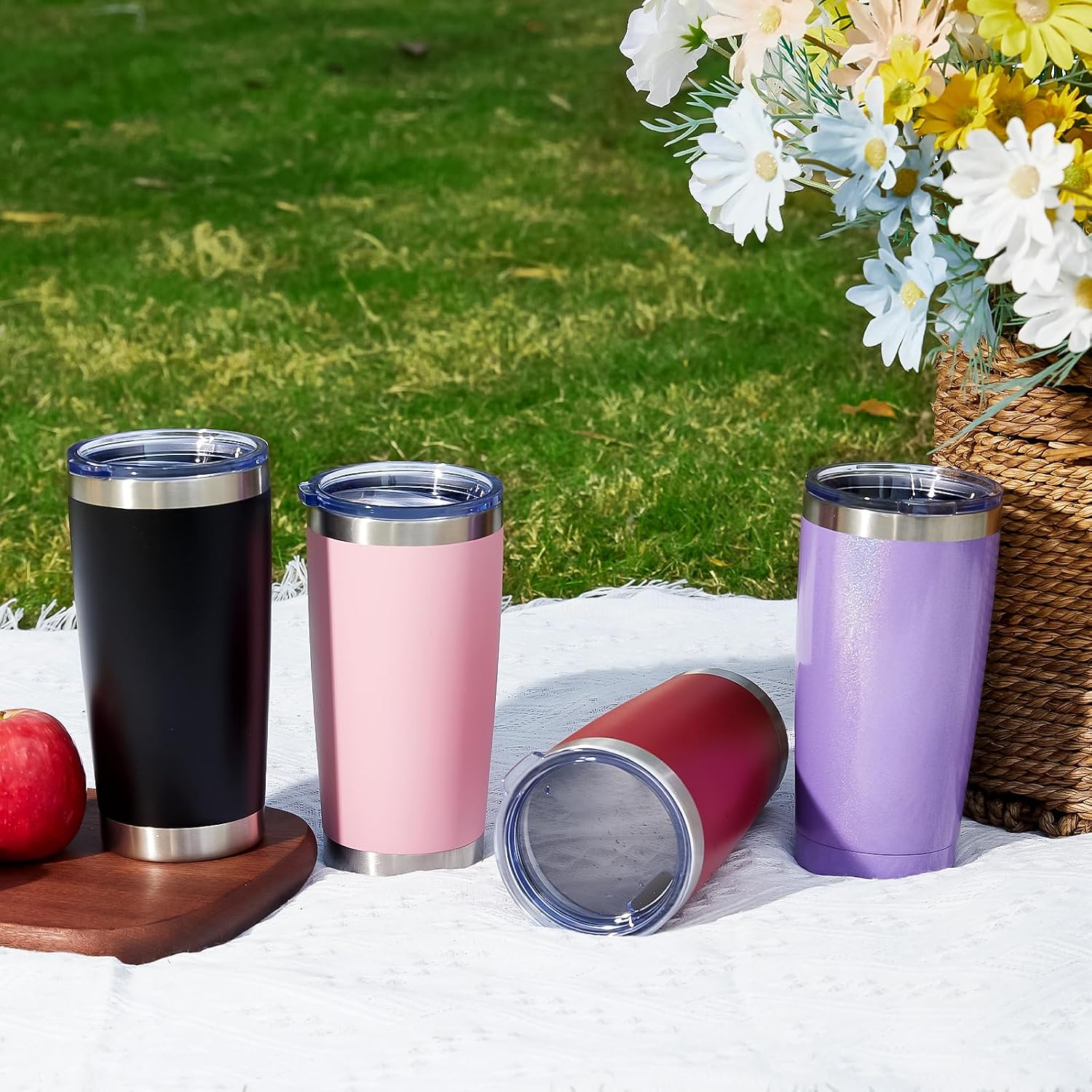 MEWAY 20oz Tumbler 4 Pack Double Wall Vacuum Insulated Travel Mug Bulk, Stainless Steel Tumblers with Lid and Straw, Powder Coated Coffee Cups for Cold & Hot Drinks (Red, Set of 4)