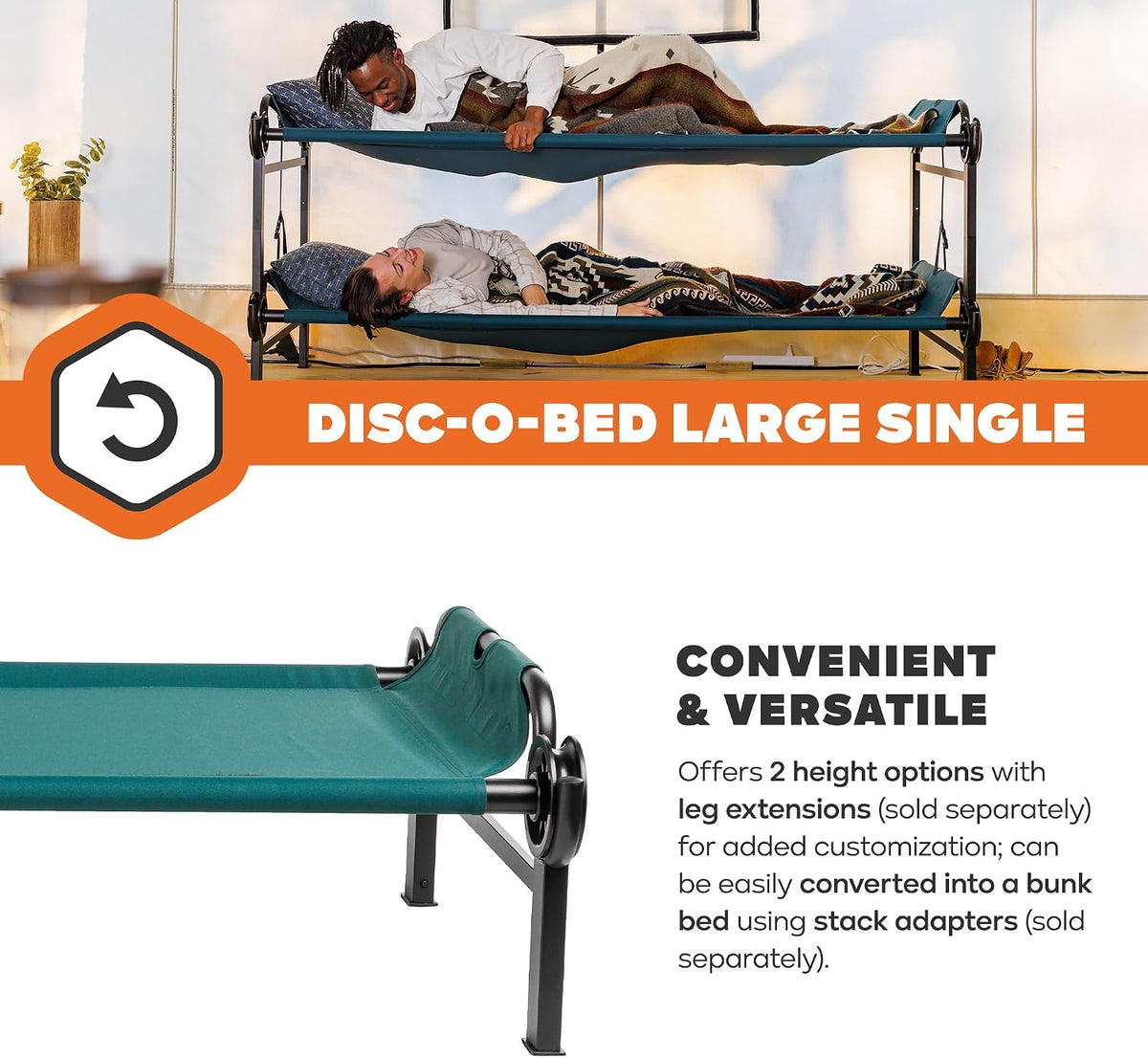Disc-O-Bed Large Outdoor Modular 1 Person Single Camping Cot Portable Bed for Adults, Sleep Solution for Tents, Green