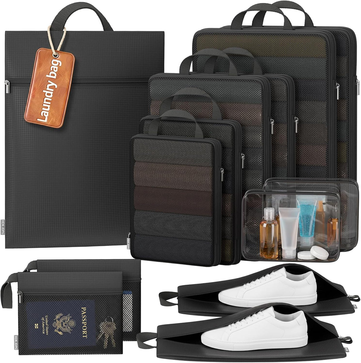 7 Set Compression Packing Cubes for Travel Essentials Luggage, Mesh Collapsible Packing Cubes for 20-22 inch Carry on Suitcase, Expandable Travel Packing Organizers with Shoe Laundry Bag(Black）