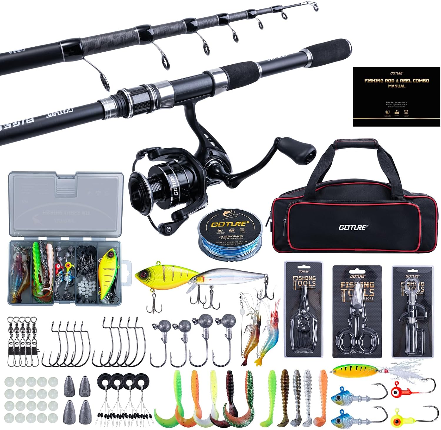 Goture Fishing Rod and Reel Combo, Red Telescopic Fishing Pole with Full Starter Kit & Carrier Bag, Portable 24T Travel Spinning Rod for Bass Trout, Freshwater Beginners Gift
