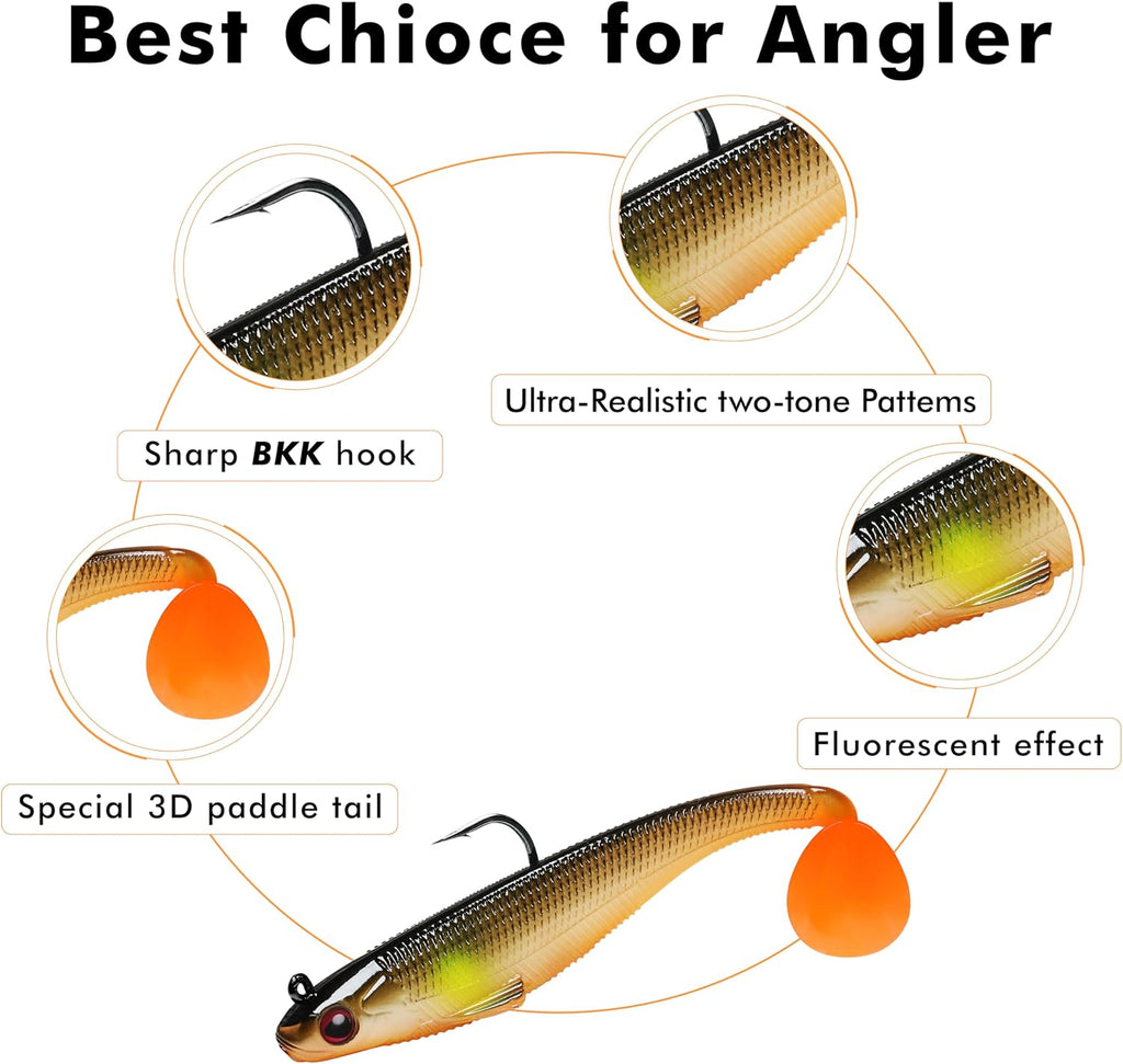 TRUSCEND Shadtale Easy Catch Soft Fishing Lures with BKK Hooks - Trembly Sinking and Vibrating Swim for More Bites, Pre-Rigged Swimbaits for Bass, Trout, Crappie, Walleye, Freshwater Saltwater Fishing