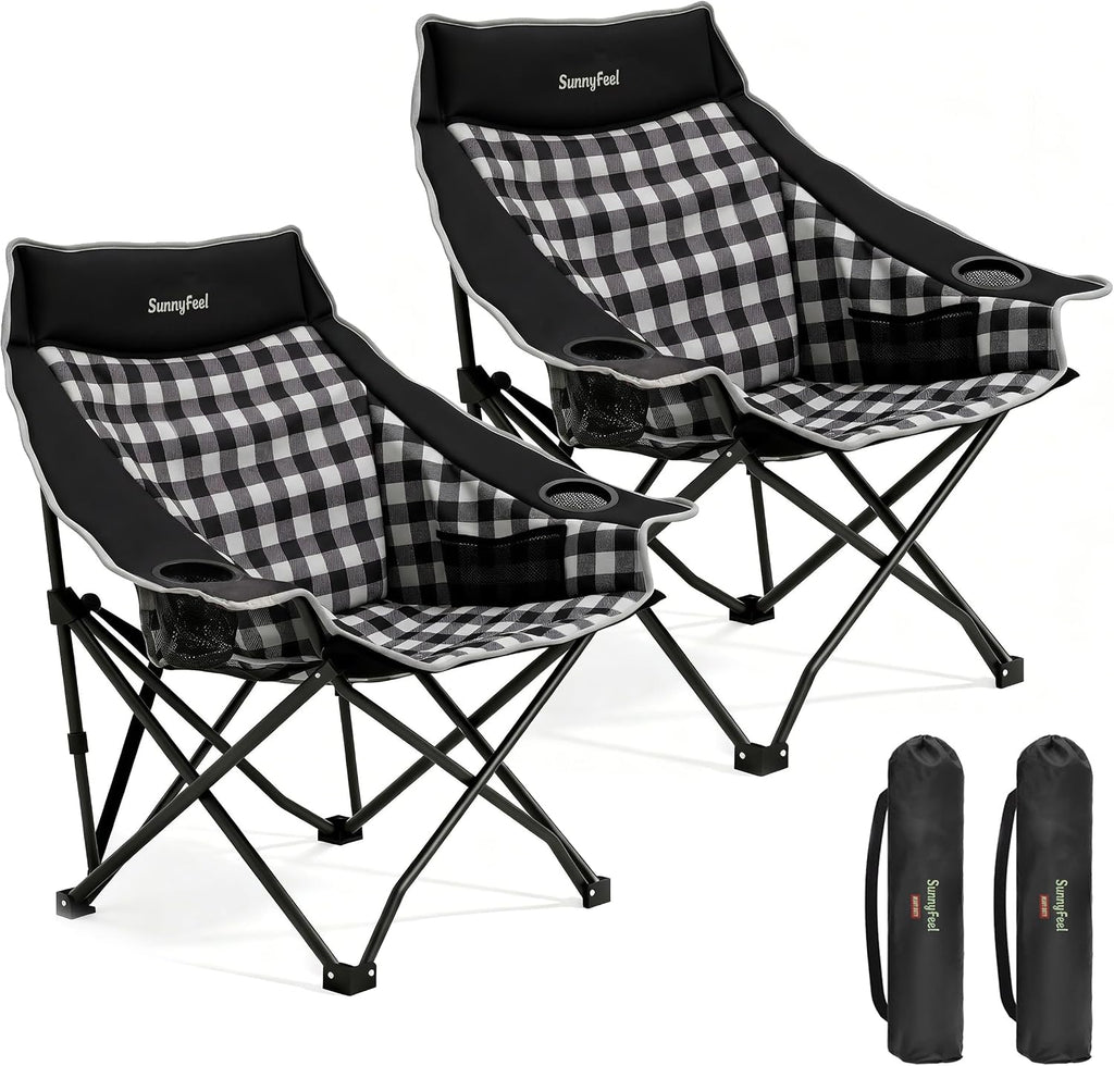 SUNNYFEEL 2 Pack Padded Oversized Camping Chairs for Adults, Heavy Duty Portable Folding Chair with Carry Bag, Side Pockets & Cup Holder, Supports 300 lbs, for Tailgating Hiking Picnic Backyard