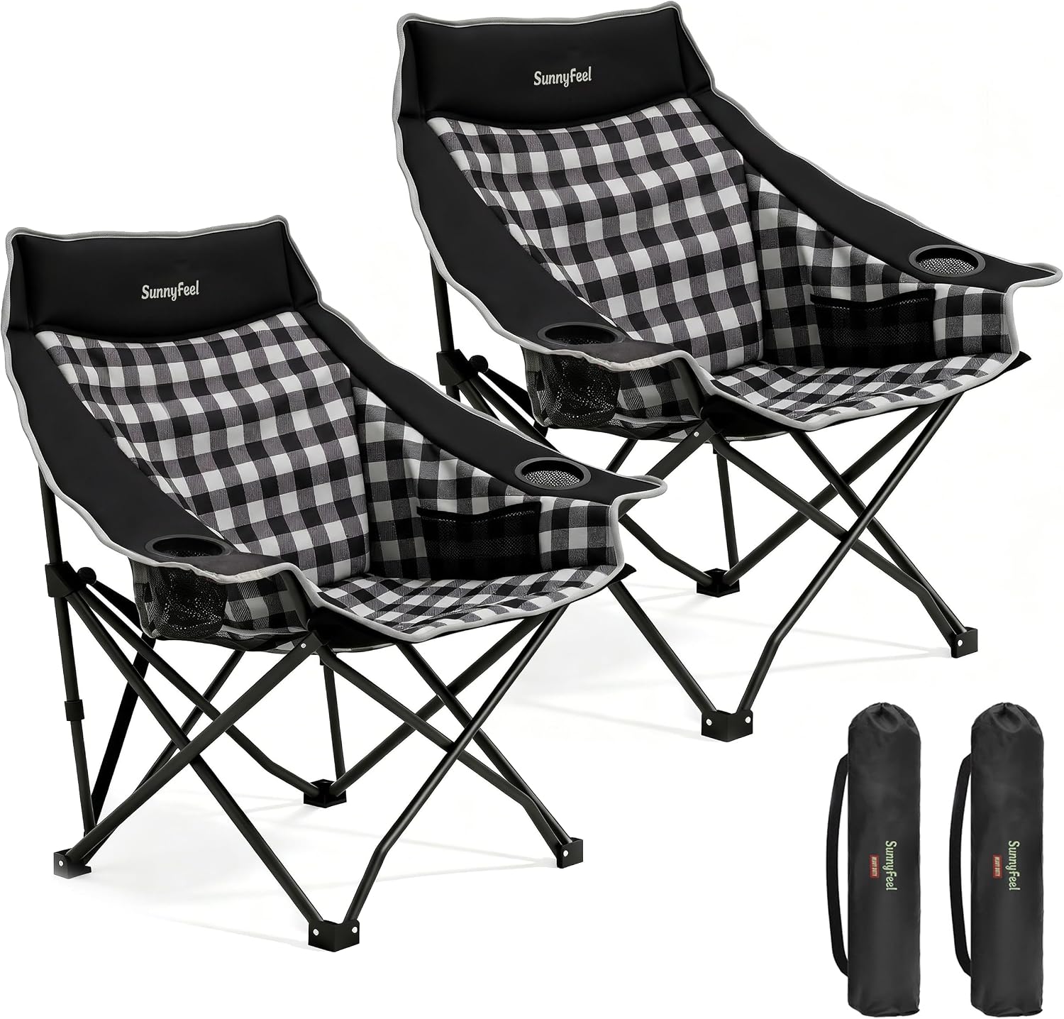 SUNNYFEEL 2 Pack Padded Oversized Camping Chairs for Adults, Heavy Duty Portable Folding Chair with Carry Bag, Side Pockets & Cup Holder, Supports 300 lbs, for Tailgating Hiking Picnic Backyard