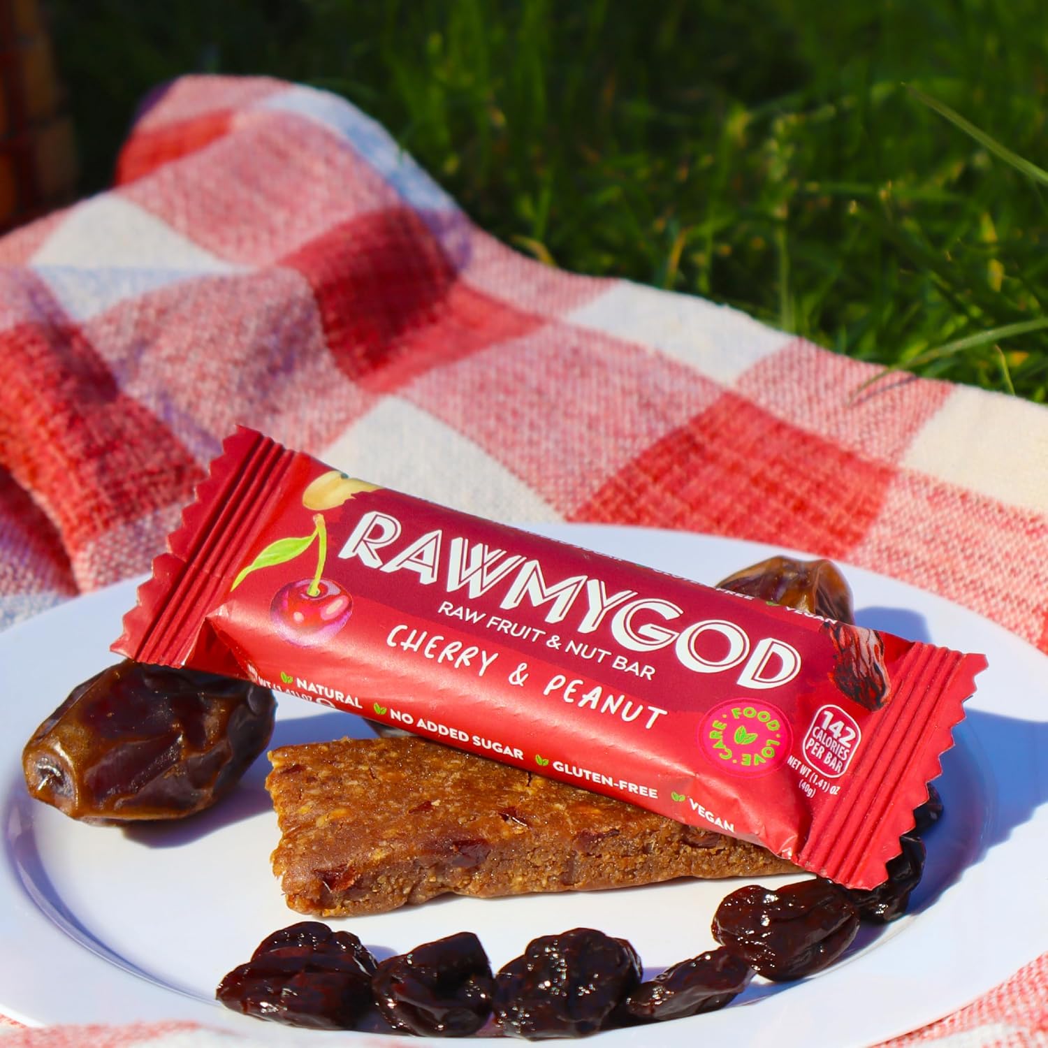 RAWMYGOD Fruit and Nut Bars, Gluten Free, Vegan, No Added Sugar (16 bars, Cherry & Peanut)