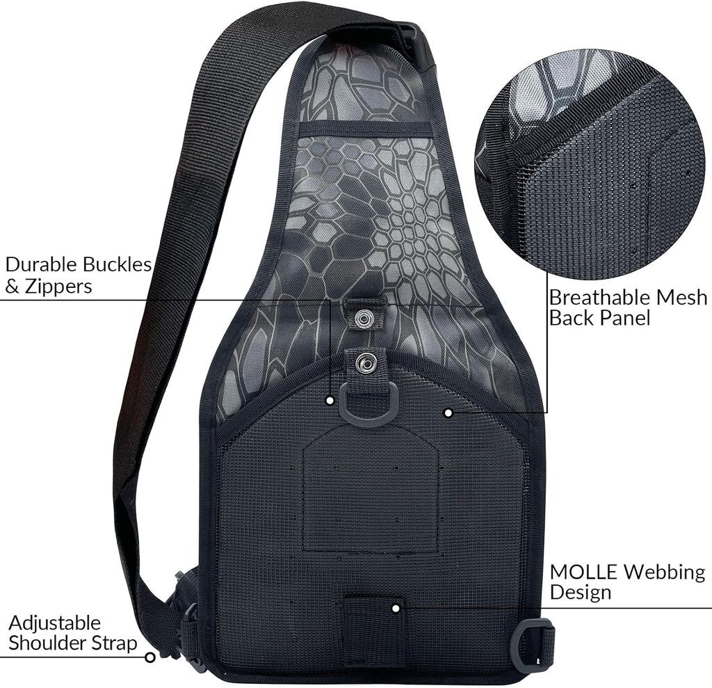 Kynzo Fishing Sling Backpack with Rod Holder, Water-Resistant Fishing Tackle Bag, Durable Shoulder Crossbody Pack for Freshwater Saltwater Fishing
