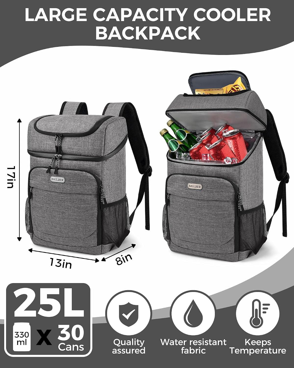 BAGLHER Lightweight Insulated Cooler Backpack - 30 Cans, Leak-Proof for Lunch, Picnic, Hiking, Camping Trips
