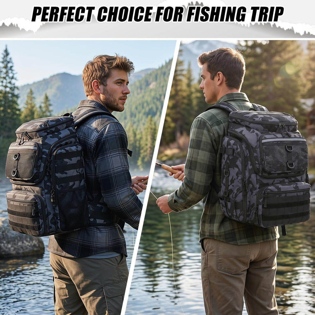 HAMBOLY 45L Fishing Backpack with Rod Holders & Built-in Foldable Divider
