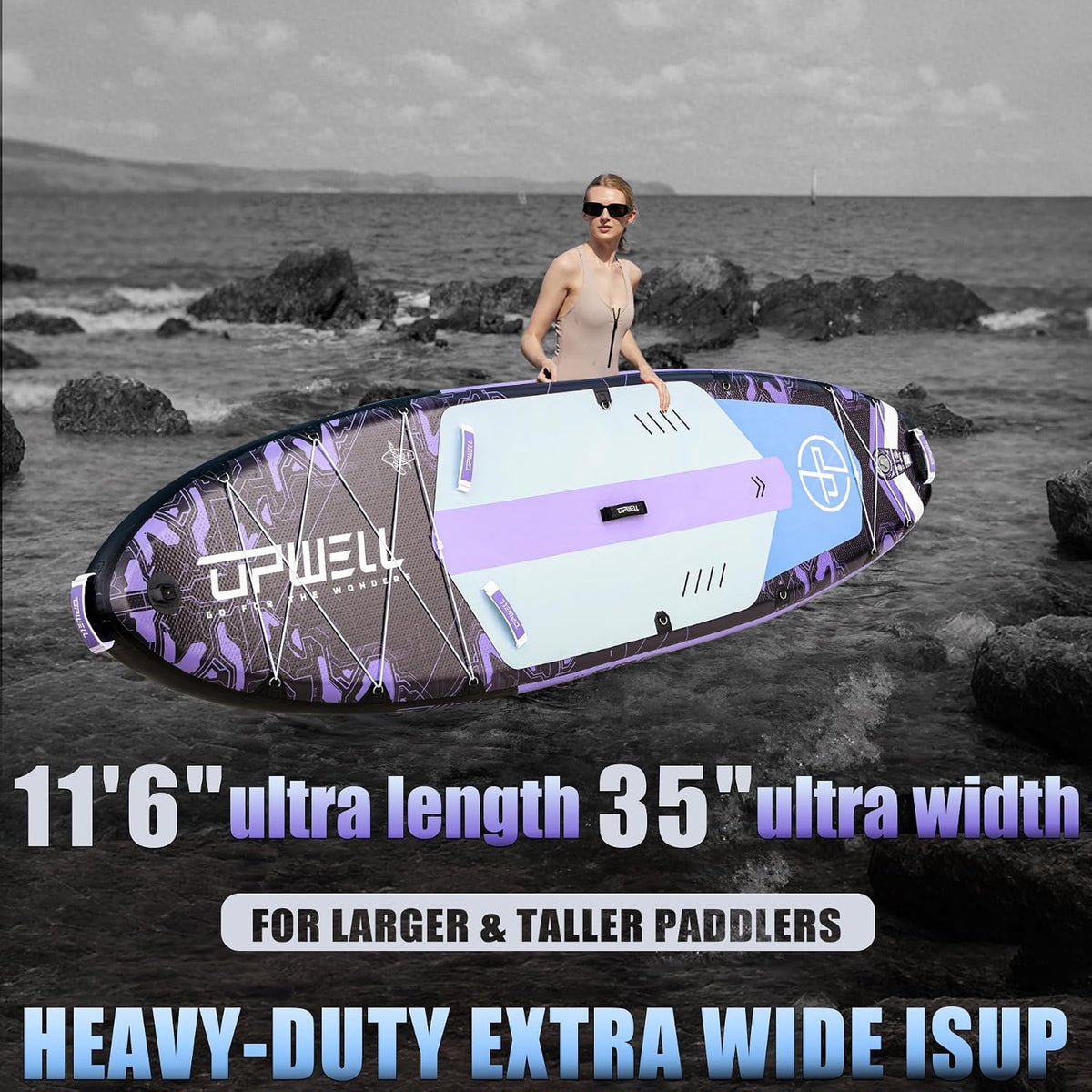UPWELL 11'6"×35" Extra Wide Inflatable Paddle Board, Stand Up Paddle Board for Youth & Adults, Stable Design, Premium SUP Accessories, 120L Backpack, 10L Dry Bag, Paddle, Leash, Hand Pump, US Fins