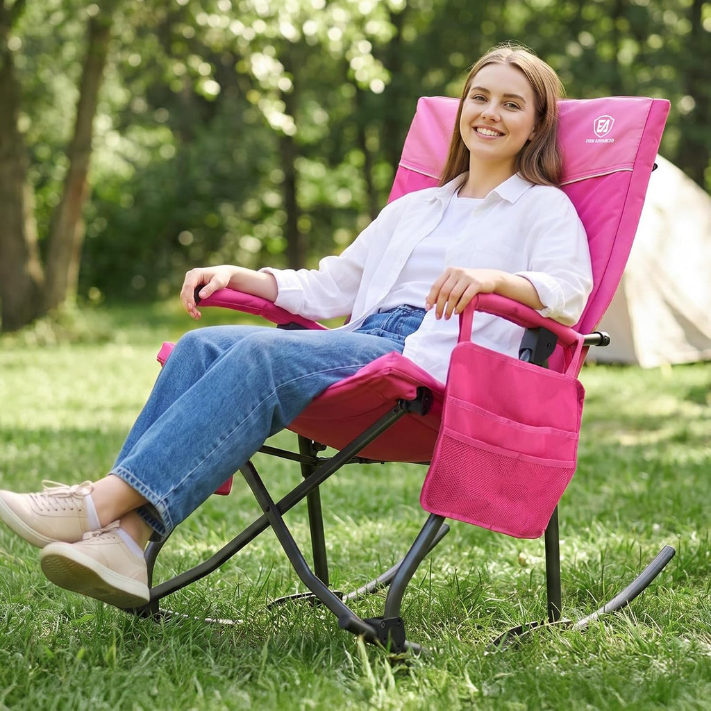 EVER ADVANCED Oversized Folding Rocking Camping Chair, Padded Portable Rocker Chair for Patio, Lawn and Outdoors, Heavy Duty Hard Armchair for Adults Supports 400lbs, Pink