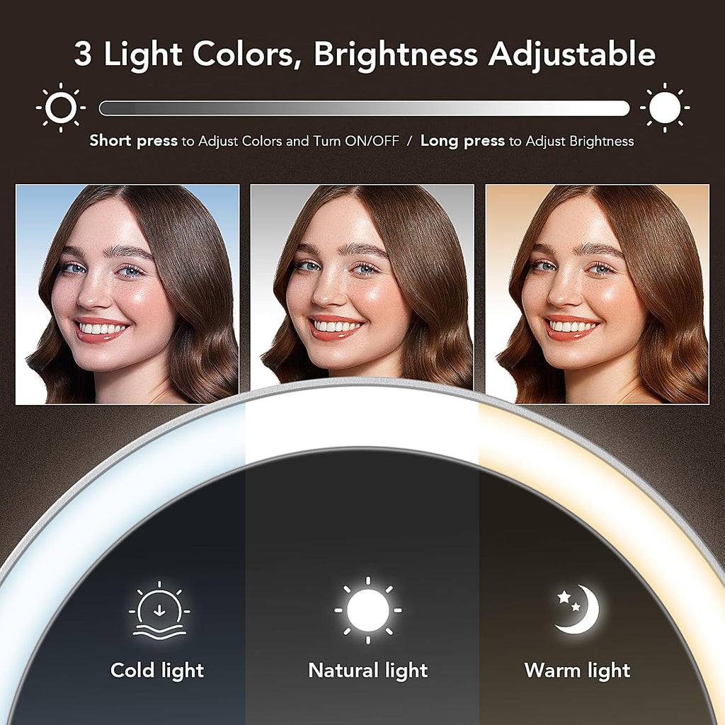 LitBear Travel Makeup Mirror with Lights, Rechargeable Double-Sided 10X/1X Magnifying Mirror, Portable Lighted Beauty Mirror, 3 Color Lighting, Dimmable Touch Screen, Tabletop Handhold Hanging (White)