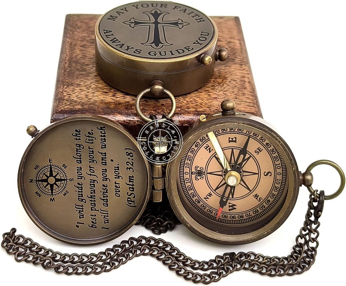 May Your Faith Always Guide You Pslam 32:8 Engraved Compass, Pocket Gift for Hiking, Religious Brass Compass with Wooden Box, Navigational Outdoor Compass Great Gift Item for Your Loved Ones