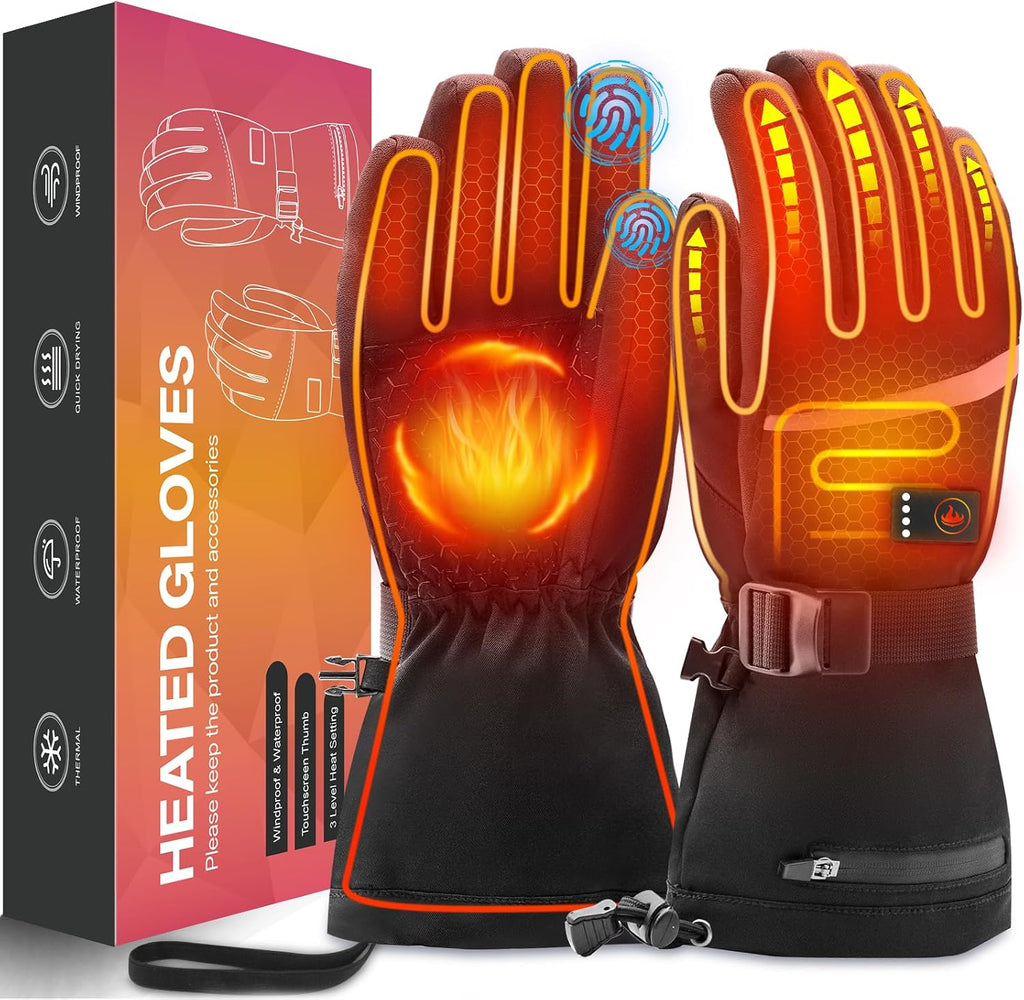 Heated Gloves, Rechargeable Heated Gloves for Men Women, Waterproof Electric Heating Ski Gloves with Touchscreen for Cold Weather Motorcycle Skiing Snowboarding Hiking Hunting Gifts