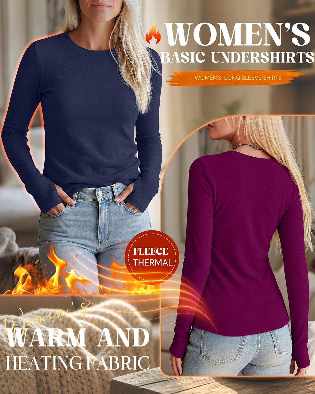 Neer 4 Pack Women's Thermal Fleece Lined Shirts Warm Base Layer