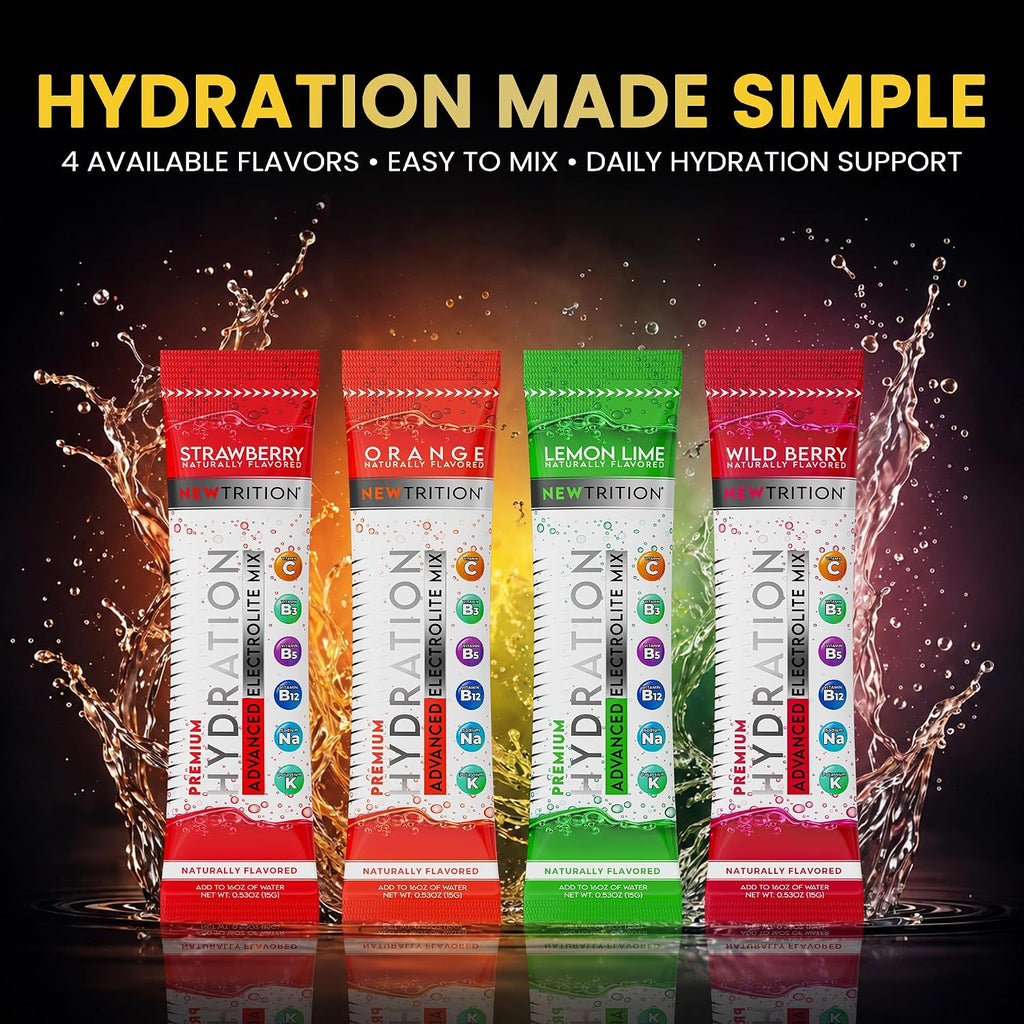 NewTrition® Hydration Powder - Pack of 48 Electrolyte Powder Packets, Naturally Flavored Hydrating Packets for Water, Fast Acting Electrolytes with Vitamins, Lime, Strawberry, Orange, Wild Berry