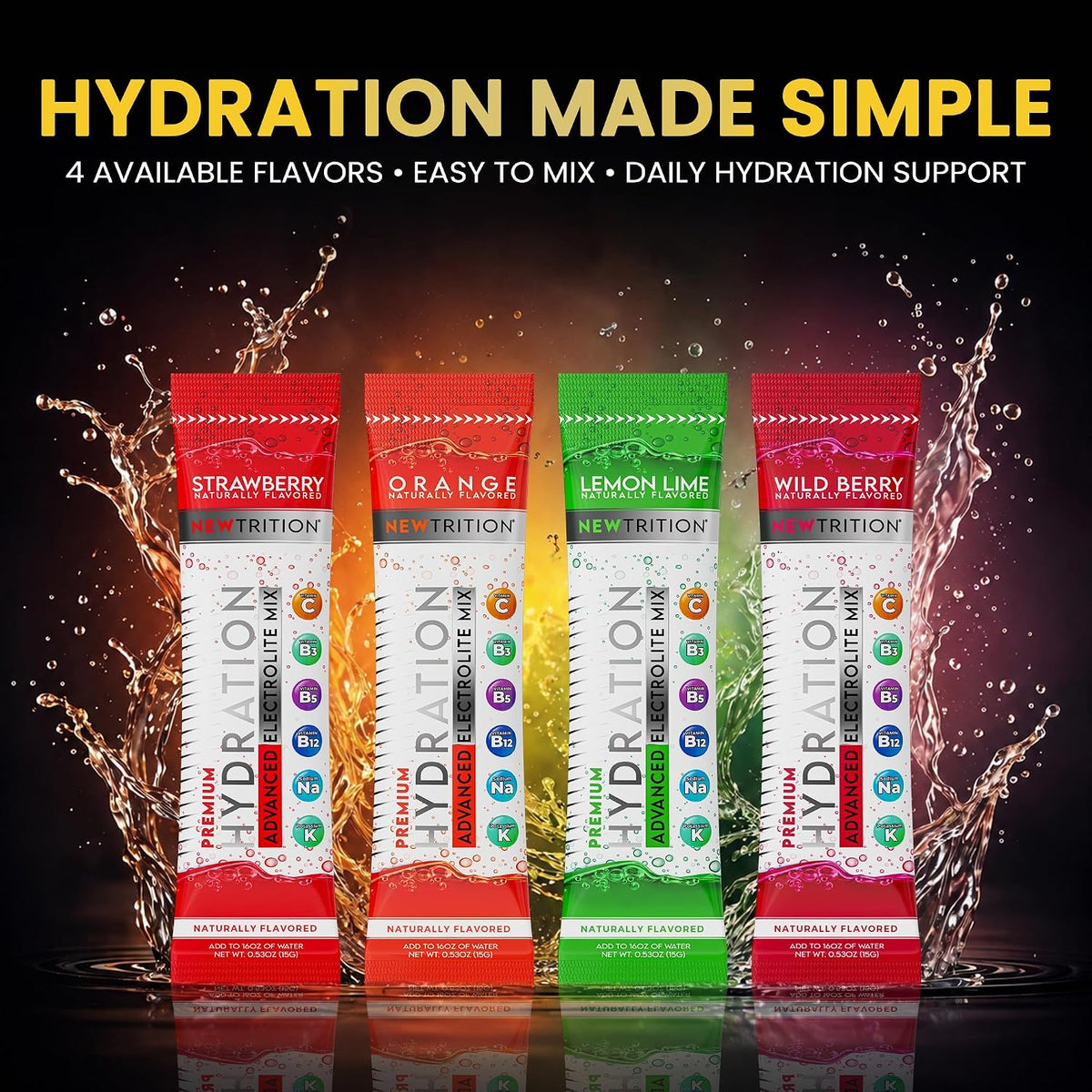 NewTrition® Hydration Powder - Pack of 48 Electrolyte Powder Packets, Naturally Flavored Hydrating Packets for Water, Fast Acting Electrolytes with Vitamins, Lime, Strawberry, Orange, Wild Berry