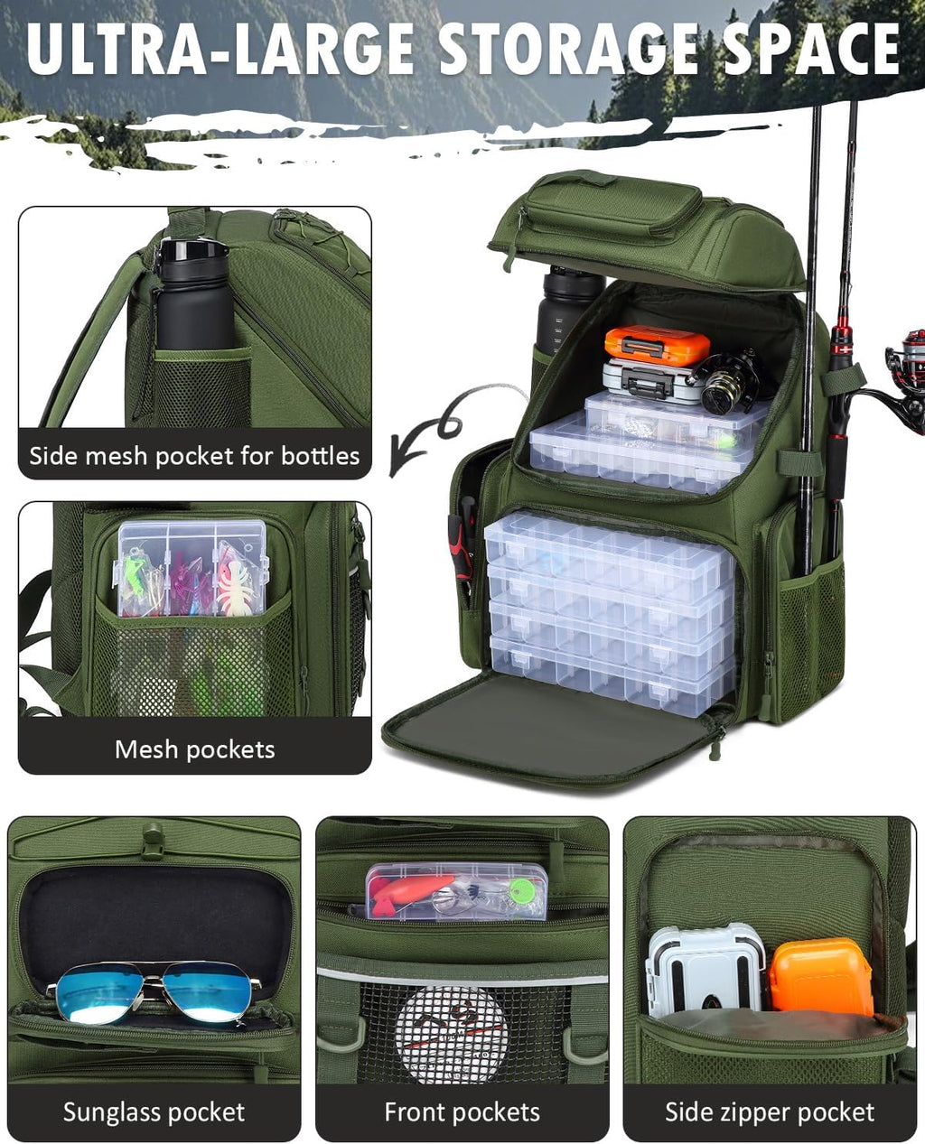 HAMBOLY 50L Fishing Backpack with Tackle Boxes, Cooler & Rod Holders