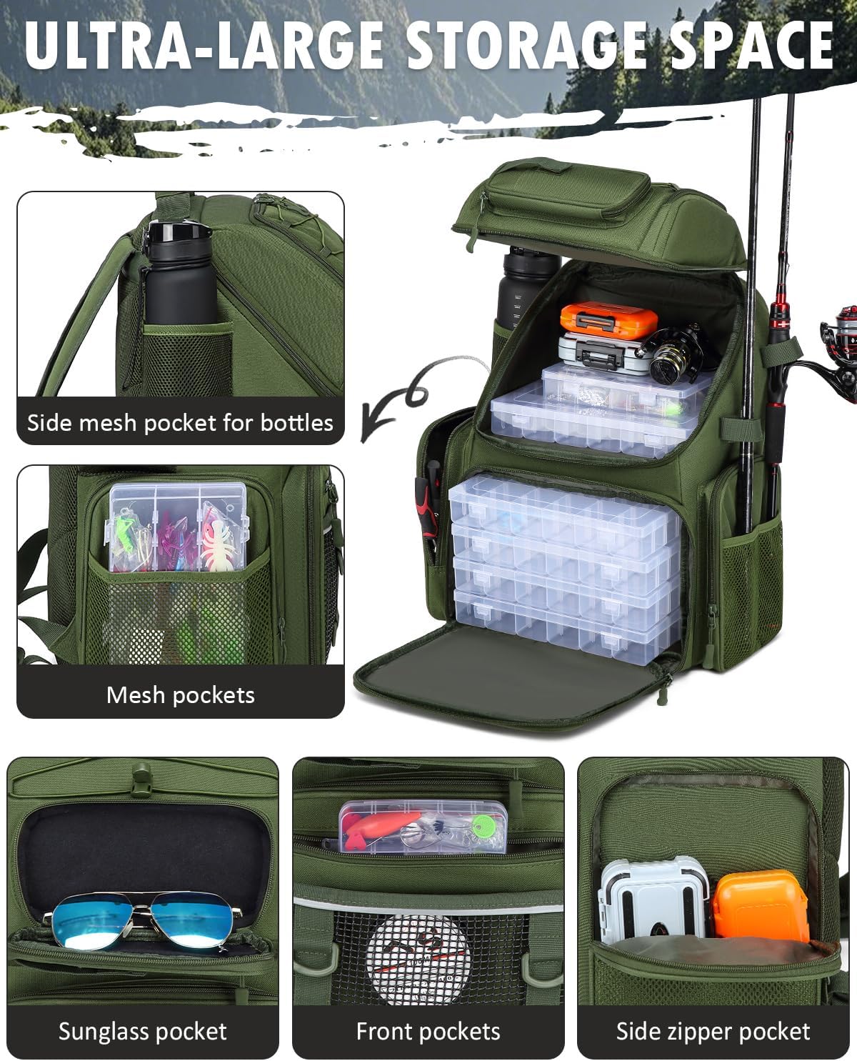 HAMBOLY 50L Fishing Backpack with Tackle Boxes, Cooler & Rod Holders