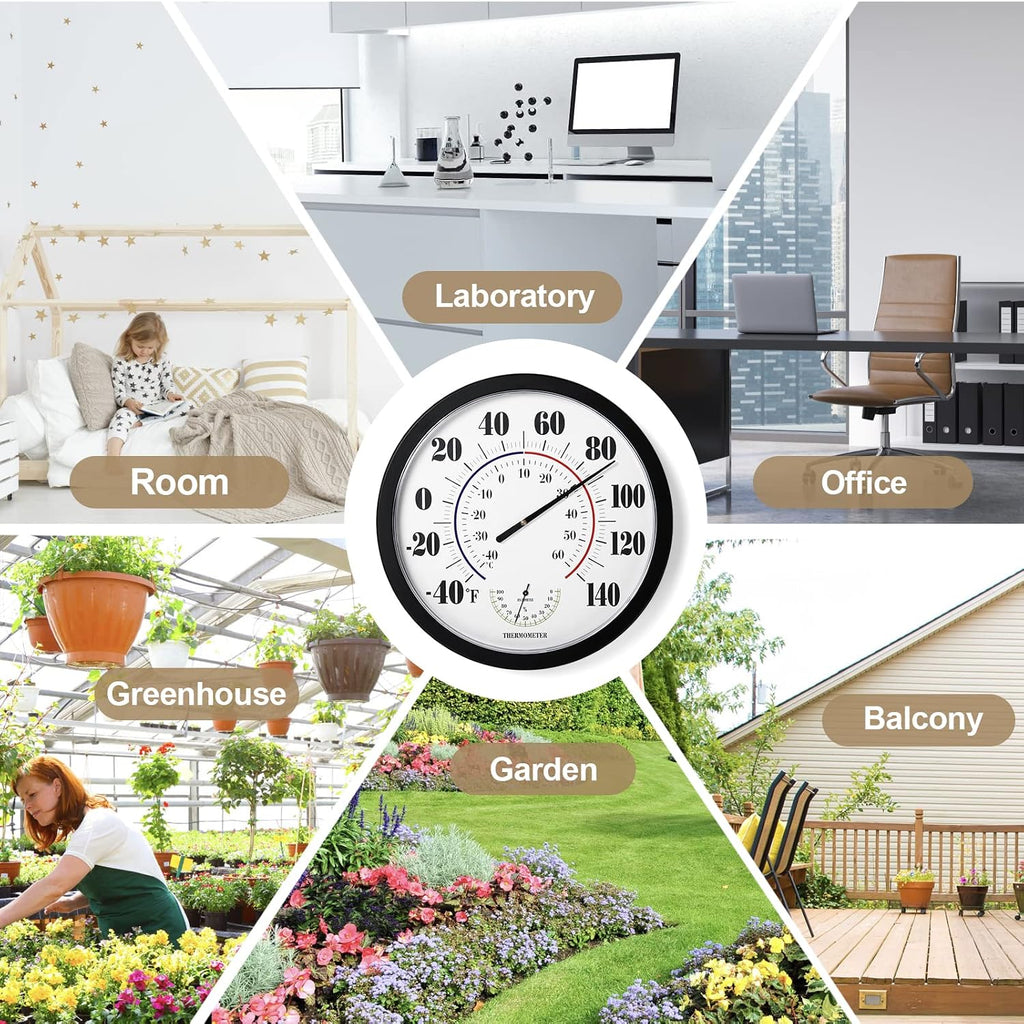 Indoor Outdoor Thermometer Wall Large Numbers Thermometer No Battery 10" Hanging Digital Weather Hygrometers for Home Garden Outside Patio Decor (Black)