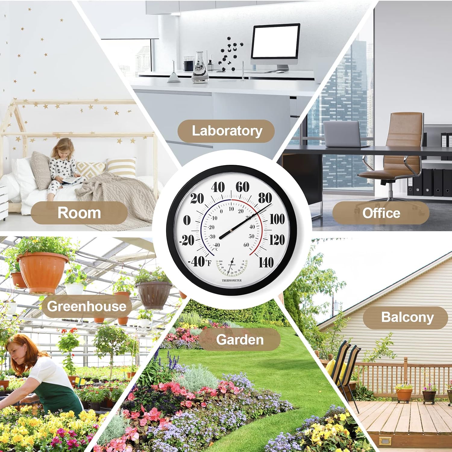Indoor Outdoor Thermometer Wall Large Numbers Thermometer No Battery 10" Hanging Digital Weather Hygrometers for Home Garden Outside Patio Decor (Black)