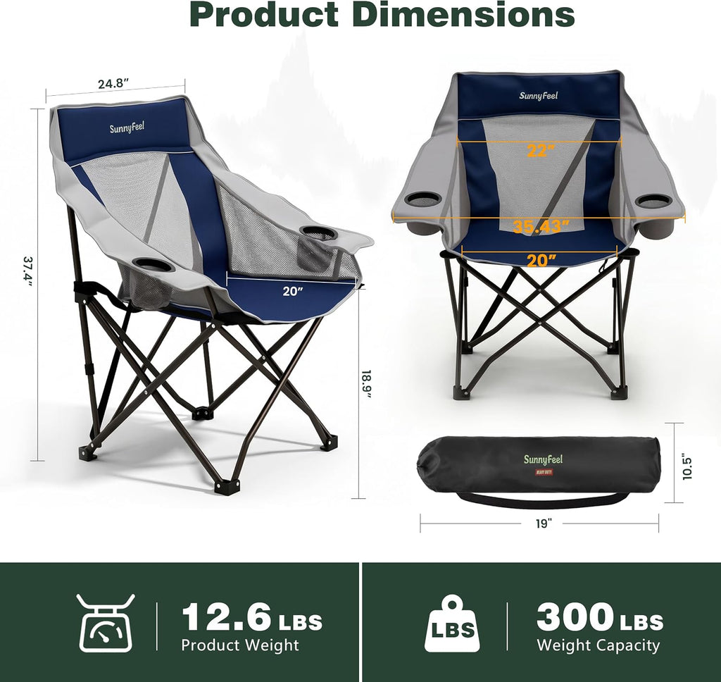 SUNNYFEEL 2 Pack Lightweight Oversized Camping Chairs for Adults, Heavy Duty Portable Folding Chair with Carry Bag, Side Pockets & Cup Holder, Supports 300 lbs, for Tailgating Hiking Picnic Backyard