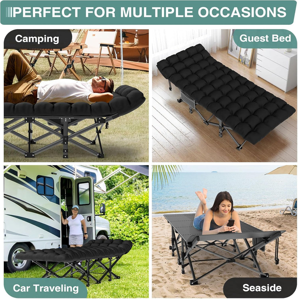 ZENPETIO Camping Cot for Adults, Heavy-Duty Portable Cot Bed with Mattress, Foldable Padded Sleeping Cots for Camping Travel Tent Day Bed Outdoor & Home Guest, Max Load 500 LBS, 75x28x15”