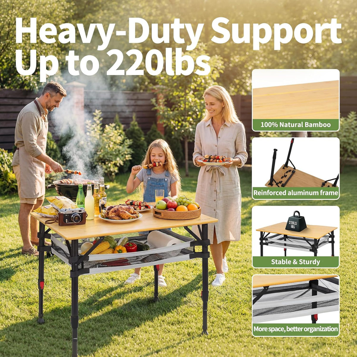 Join Nature Bamboo Folding Camping Table, Aluminum Adjustable Outdoor Table