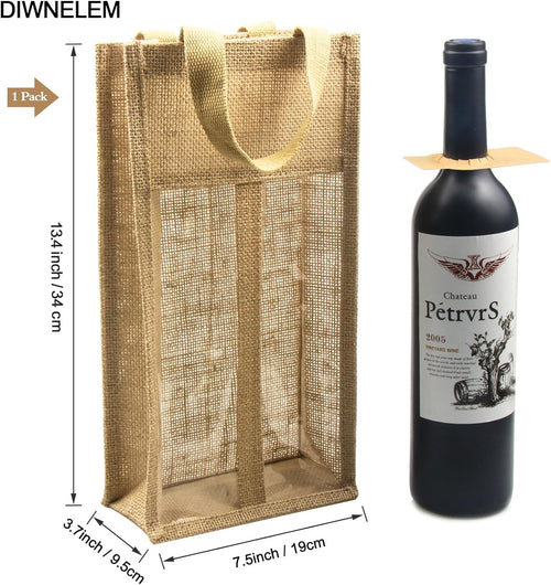 1 Pack Burlap Wine Gift Bags with Two Window Double Window Two Bottles Burlap Jute Wine Bottle Bag for Wedding, Party Favors, Christmas, Holiday and Wine Tasting Party