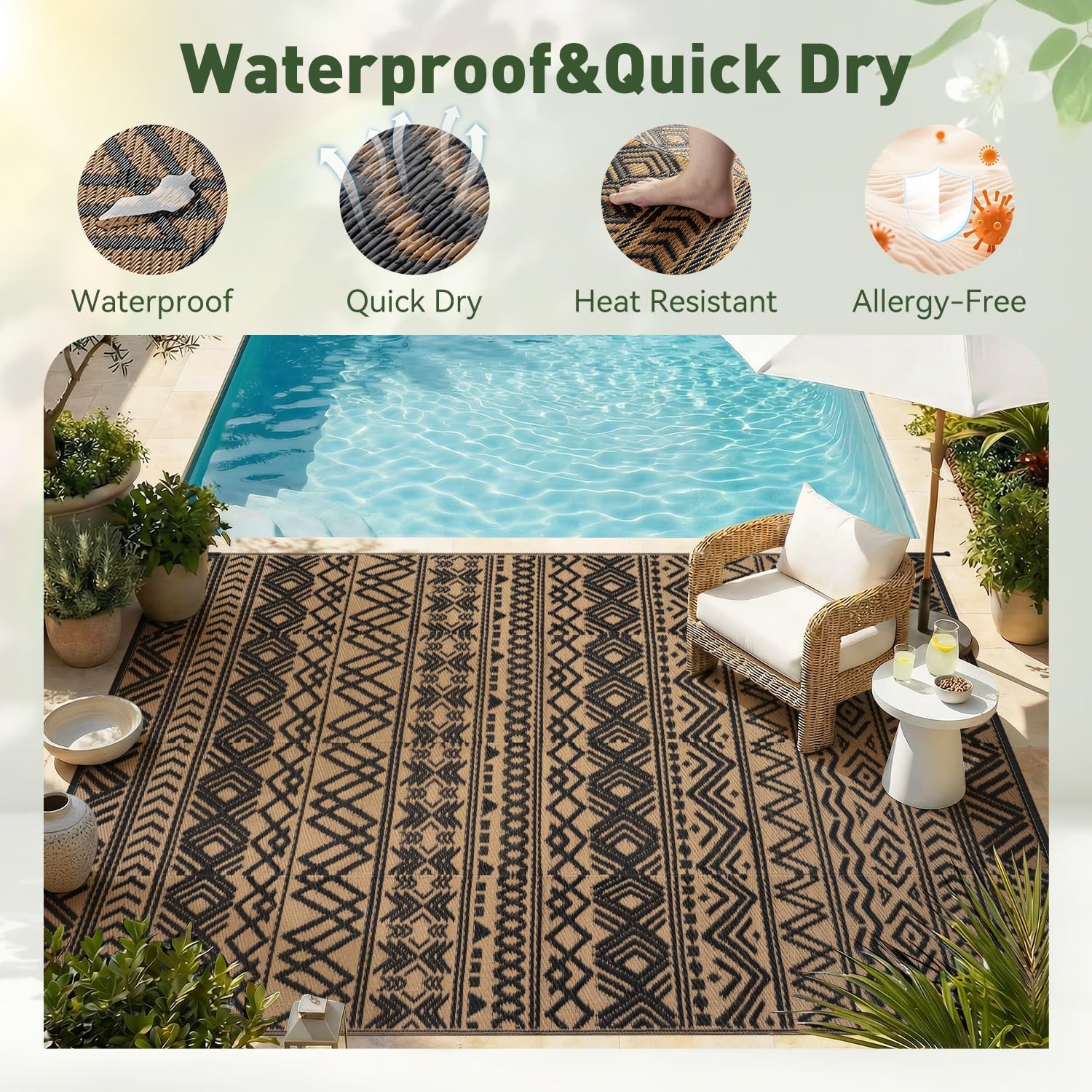 MontVoo Outdoor Rug Carpet Waterproof 6x9 Outdoor Patio Rug Mat Reverisble Plastic Straw Outdoor Rug for RV Camping Picnic Beach Balcony Boho Black Brown