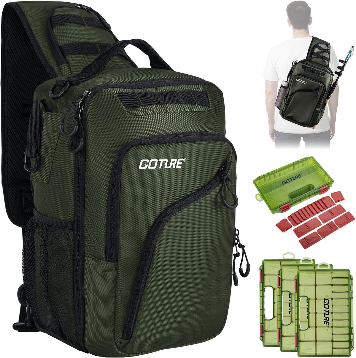 Goture Green Tactical Fishing Bag with 3 Trays,1680D Fishing Backpack
