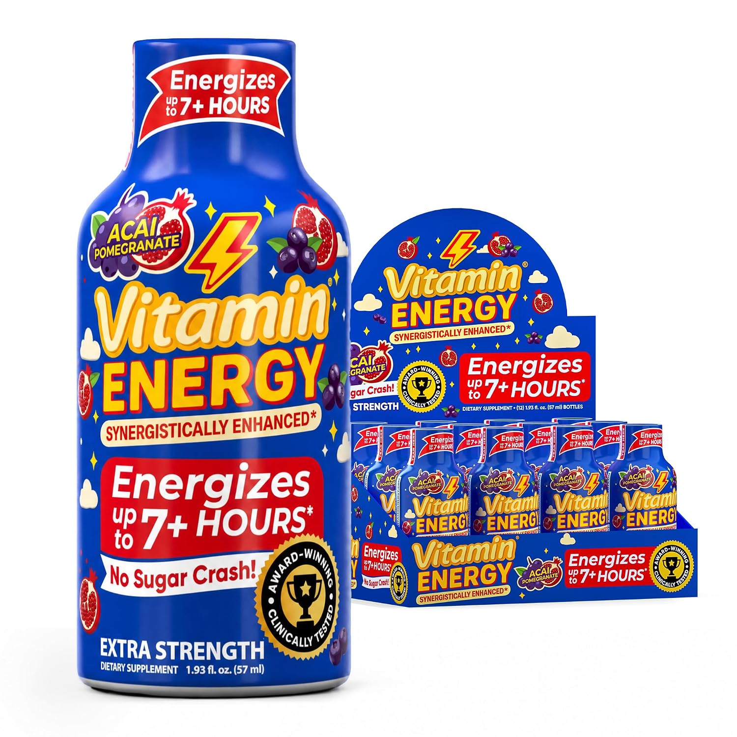 Vitamin Energy Acai Pomegranate Extra Strength Energy Shot, 24 Pack - Up to 7 Hrs, 260mg Natural Caffeine, Zero Sugar - B12 11,000% DV + B6 2,118% DV + Taurine 1,500mg, 1.93 fl oz, Keto Vegan