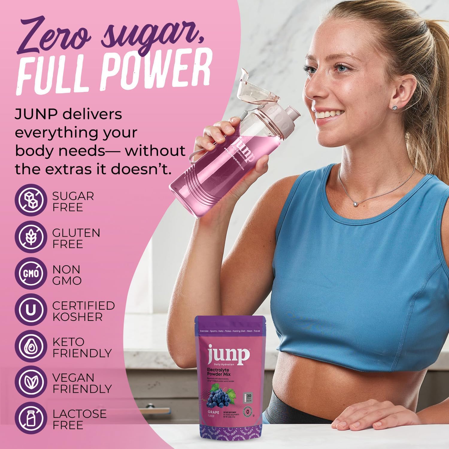JUNP Sugar Free Electrolytes Powder Packets for Water Salt & Potassium Instant Hydration Packets, Zero Calorie No Carbs No Sugar Electrolyte Drink Mix Sticks, Keto Friendly Vine Ripened Grape 20 Pack