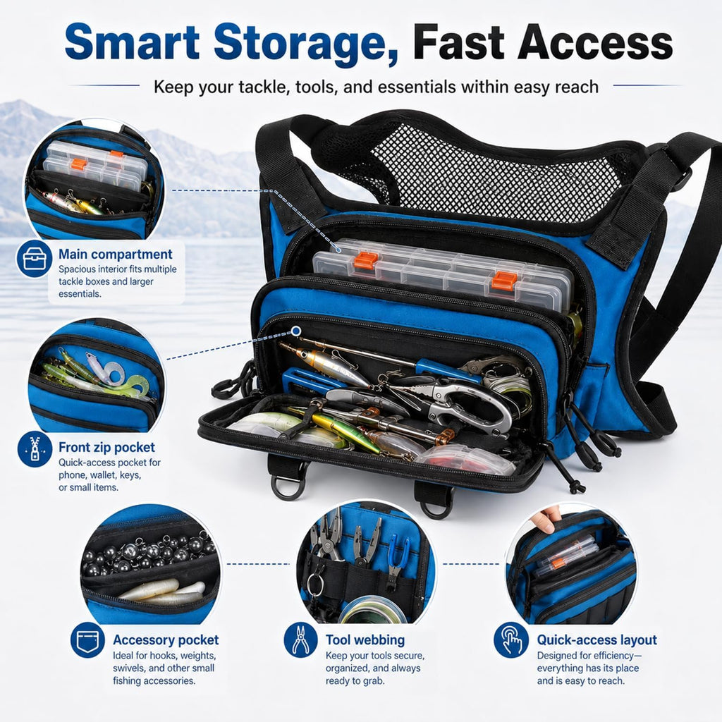 All in One Fishing Chest Pack Tackle Bag with Tackle Box, Fishing Lures Kit