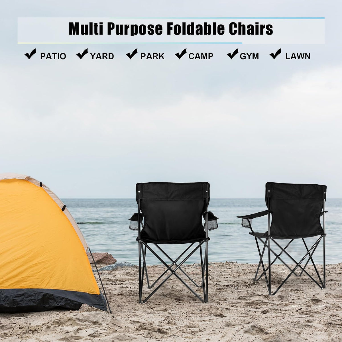 HaSteeL Large Camping Chairs for Adults, Black Folding Beach Chair Set of 2