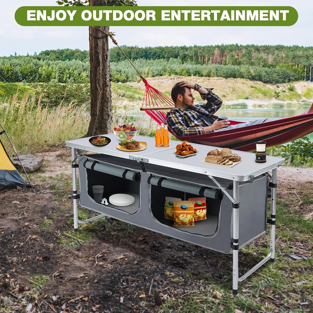 Outdoor Folding Camping Table with Storage Organizer(Grey)