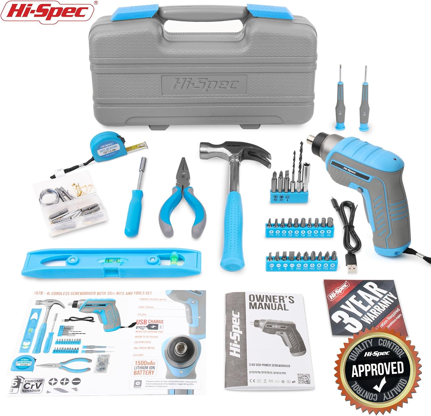 Hi-Spec 3.6V USB Electric Screwdriver for Home Repairs and Assembly,Blue