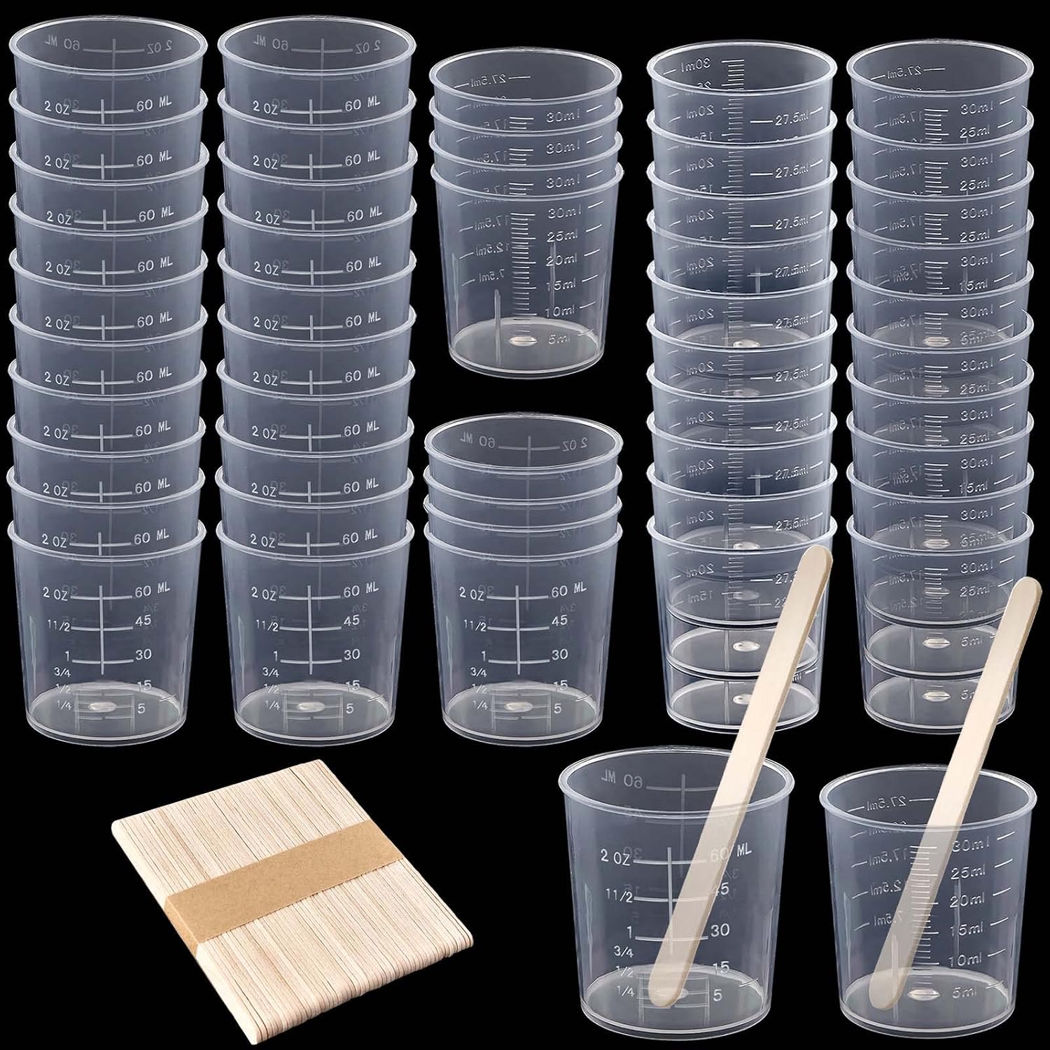 Coopay 50 Pack 60ml/2oz and 30ml/1oz Plastic Graduated Cups Transparent Scale Clear Epoxy Mixing Cup with 50 Pack Wooden Stirring Sticks for Resin, Epoxy, Stain, Mixing Paint