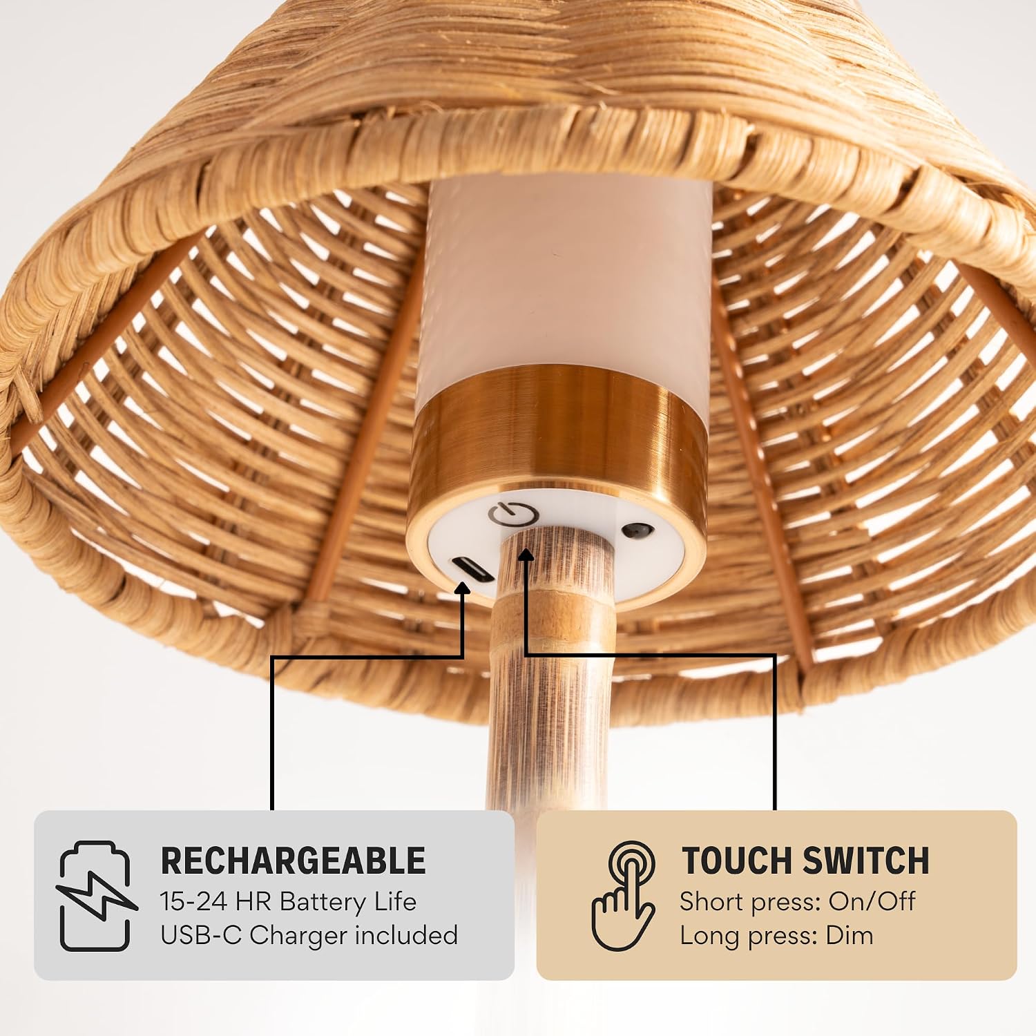 Bamboo Cordless LED Table Lamp – Rechargeable 24-Hour Battery, Dimmable Warm Light, Portable Wireless Lamp with Remote for Indoor/Outdoor Use, Home, Patio, Restaurant – (NATURAL RATTAN), 14.95" Tall