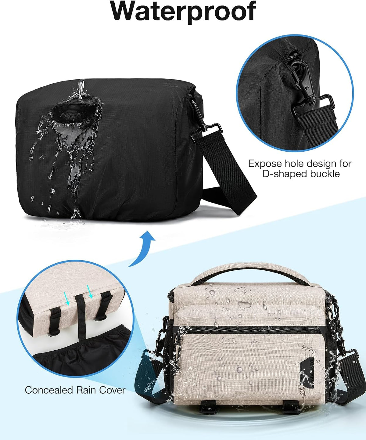BAGSMART Camera Sling Bag with Tripod Holder & Rain Cover, Ivory White