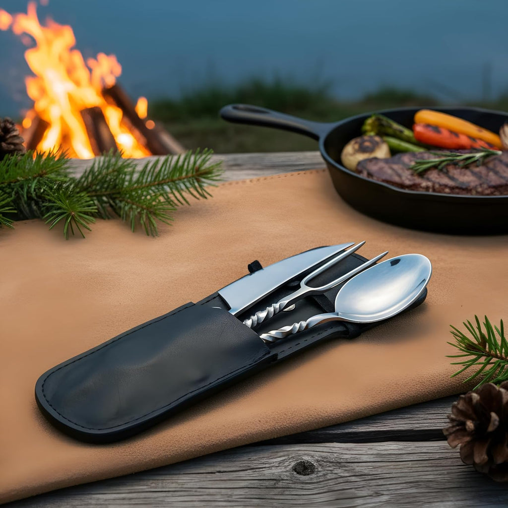 Hand Forged Medieval Cutlery Set - Viking Silverware Set With Leather Cover