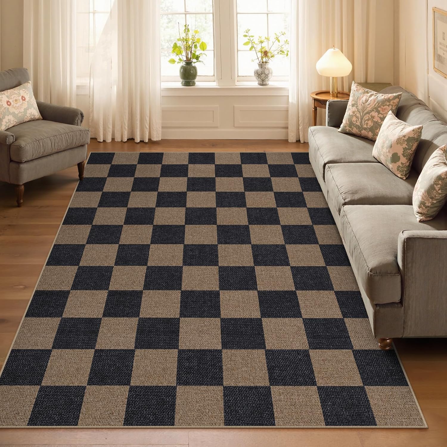 Lahome Checkered Easy Jute Living Room Rugs, 5x7 Outdoor Patio Rug Washable