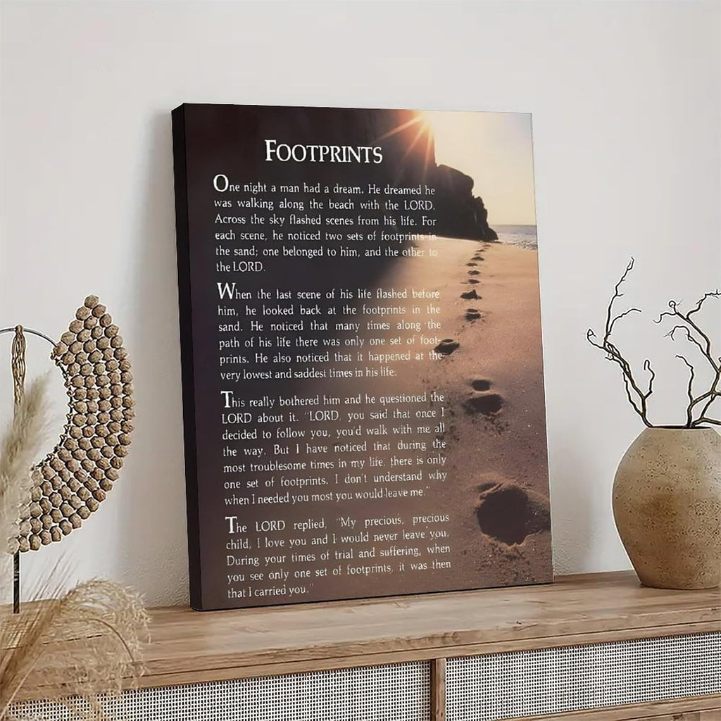 Footprints in the Sand Religious Canvas Wall Art Posters, Inspirational Beach Sunset Poem Print Poster (Framed 20x30inch, Footprints(7))