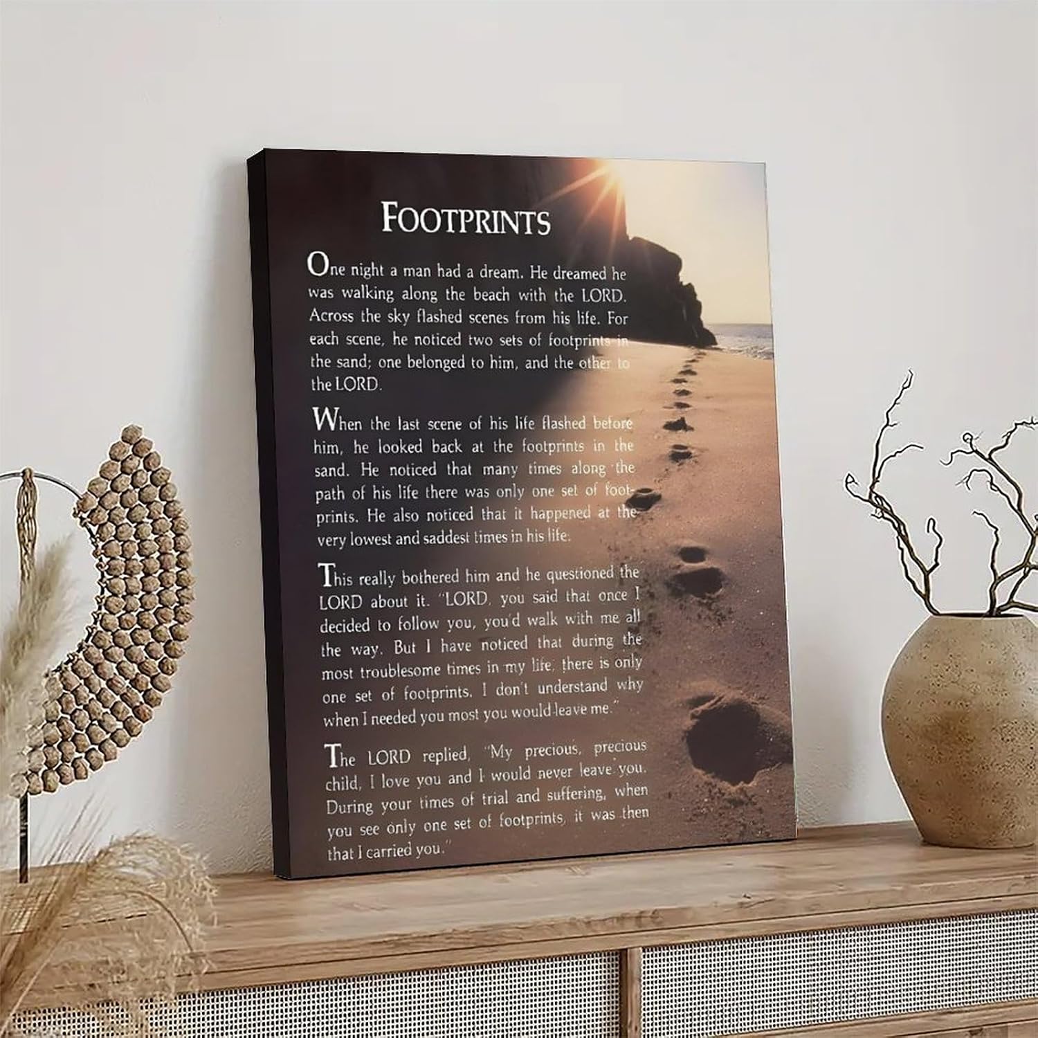 Footprints in the Sand Religious Canvas Wall Art Posters, Inspirational Beach Sunset Poem Print Poster (Framed 20x30inch, Footprints(7))