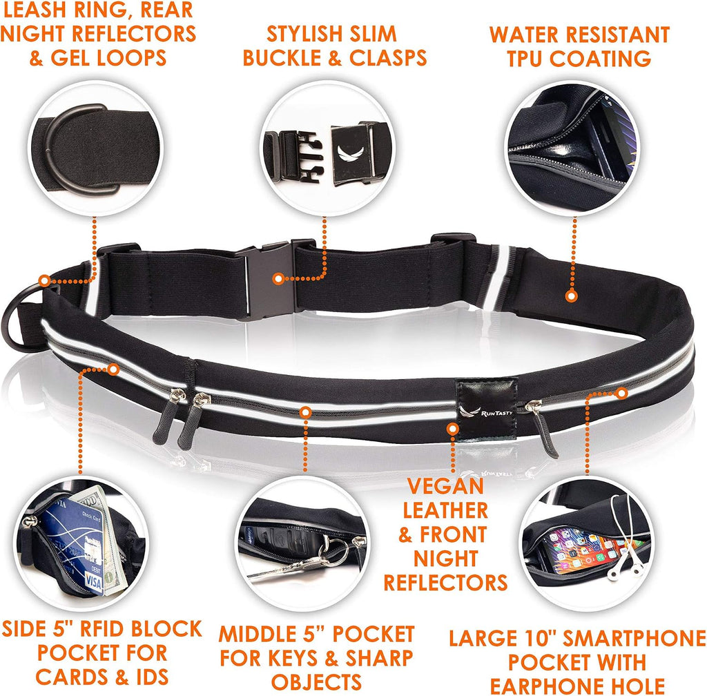 Ultimate 3-Pocket Runners Fanny Pack w/RFID Sleeve – Fits iPhone & Android – No Bounce, Water-Resistant, Sleek & Secure Running Belt for Fitness, Travel & Active Lifestyles