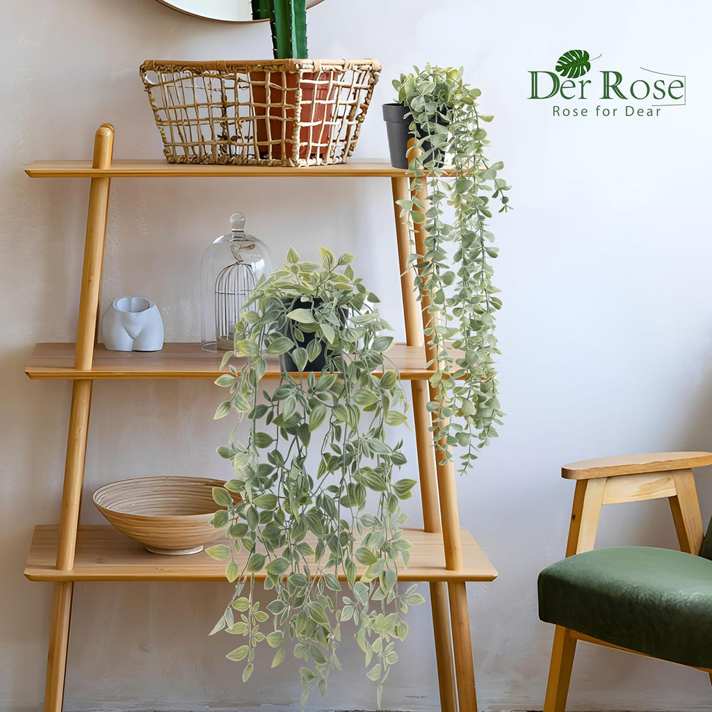 Der Rose 2Pcs Fake Hanging Plants with Black Pot for Bathroom Shelf Decor | Boho cascading eucalyptus and mandala vine creates a modern natural accent, adding depth to office, bookcase, bedroom decor