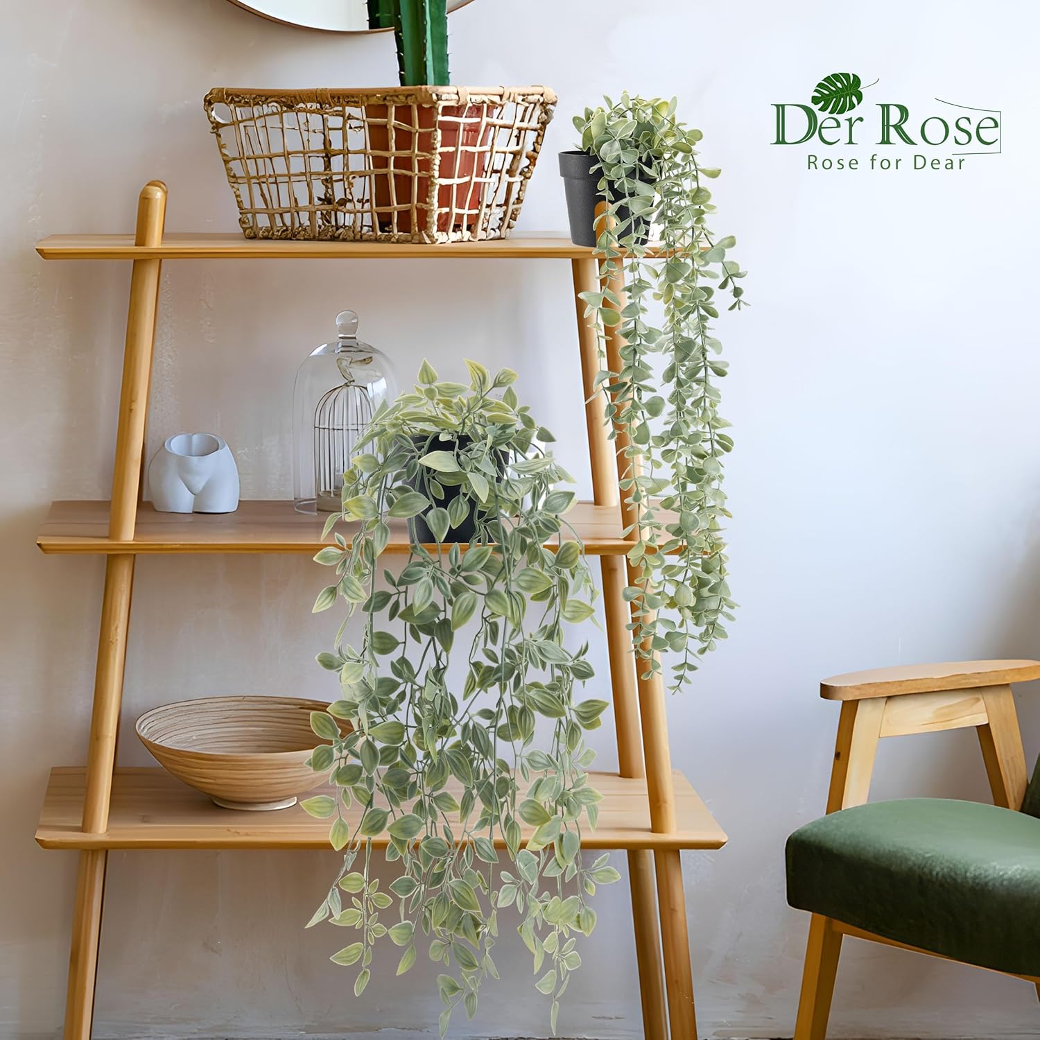 Der Rose 2Pcs Fake Hanging Plants with Black Pot for Bathroom Shelf Decor | Boho cascading eucalyptus and mandala vine creates a modern natural accent, adding depth to office, bookcase, bedroom decor