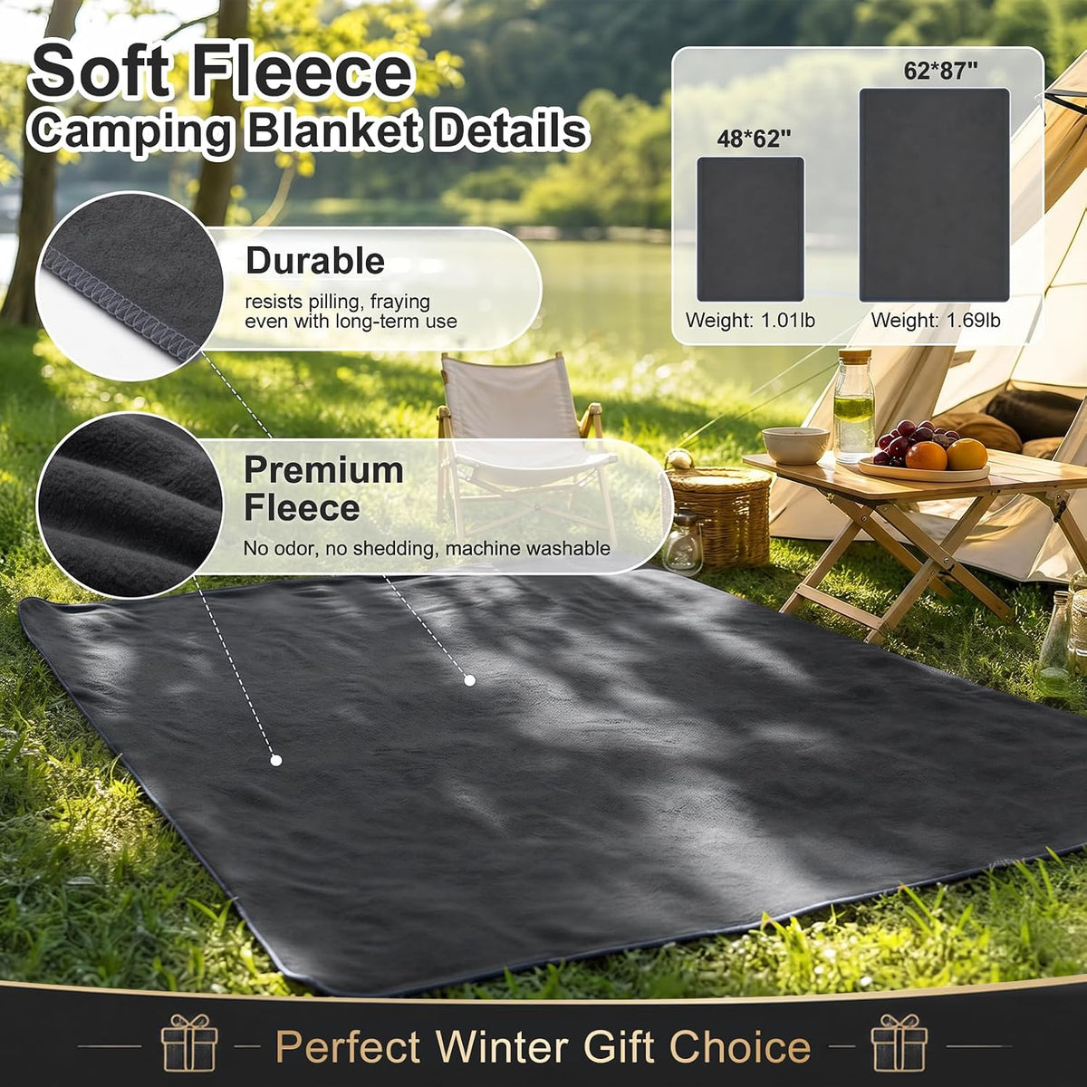Camping Blanket 62×87" - Fleece Blanket, Soft Flannel Bed Blanket, Large Fuzzy Cozy Blanket, Multi-use for Bed, Sofa, Couch, Travel, Camping, All Season Warm Lightweight Cover, Gray
