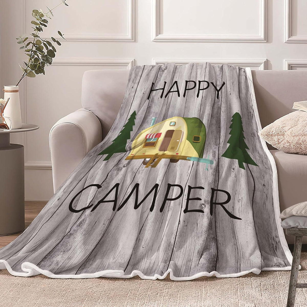 Camping Throw Blanket, Camping Gifts for Camper Outdoor Travel Trailer Blanket, Super Soft Comfy Fleece Flannel Throws Blankets for Couch Bed Sofa Living Room Bedroom Decor Grey 50x60 Inch