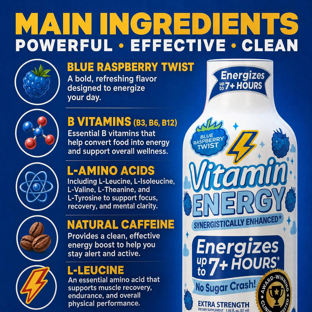 Vitamin Energy Blue Raspberry Twist Extra Strength Energy Shot, 12 Pack - Up to 7 Hrs, 260mg Natural Caffeine, Zero Sugar - Electrolytes + BCAAs, Hydration, B12 B6 Niacin, 1.93 fl oz, Keto Vegan